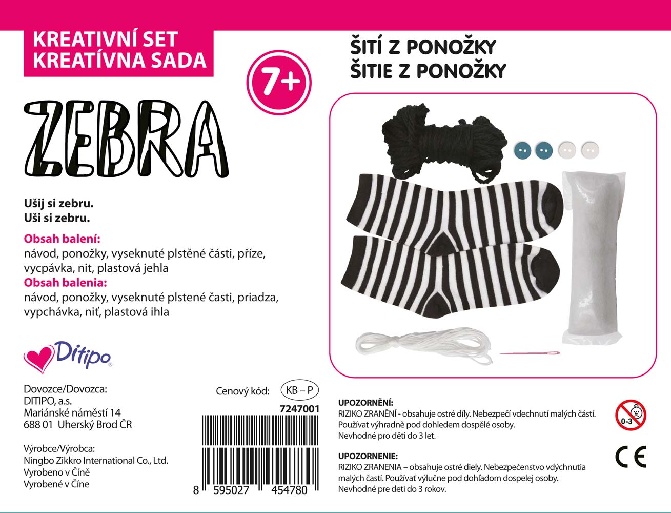 Kreativní set - Šití z ponožky - Zebra | ♥ DITIPO.cz